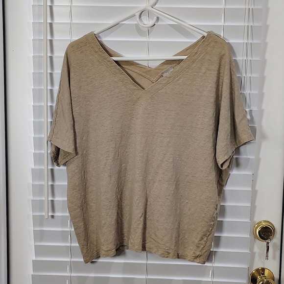 Chico's Tops - CHICO'S Linen Tee Women 4 XXL Tan V-Neck Cross Back Slub Knit Casual Top Earthy